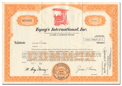 Topsy's International, Inc. Stock Certificate