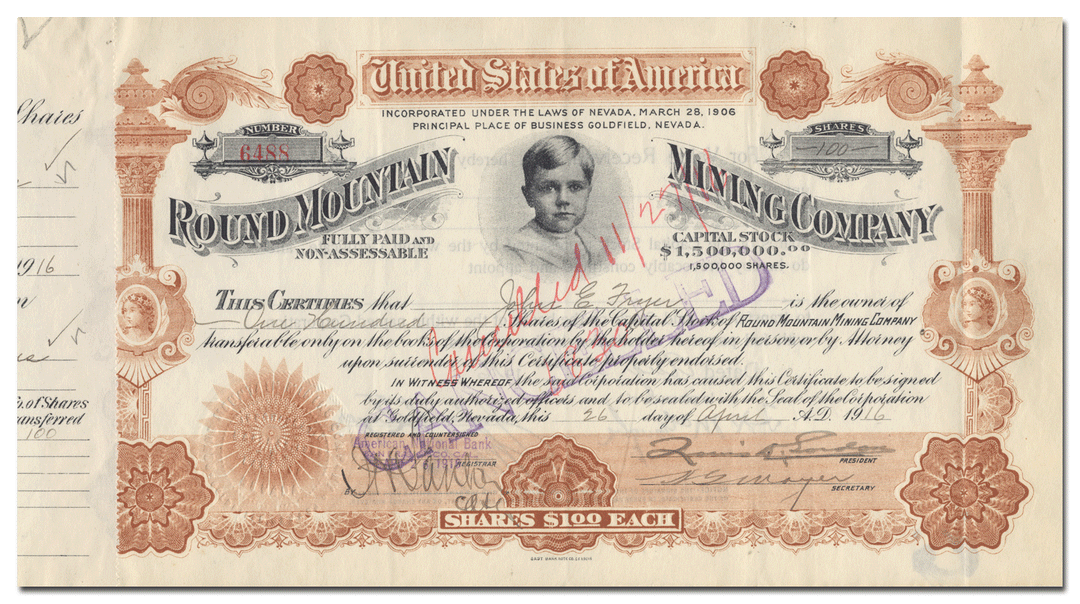 Round Mountain Mining Company Stock Certificate