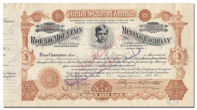 Round Mountain Mining Company Stock Certificate