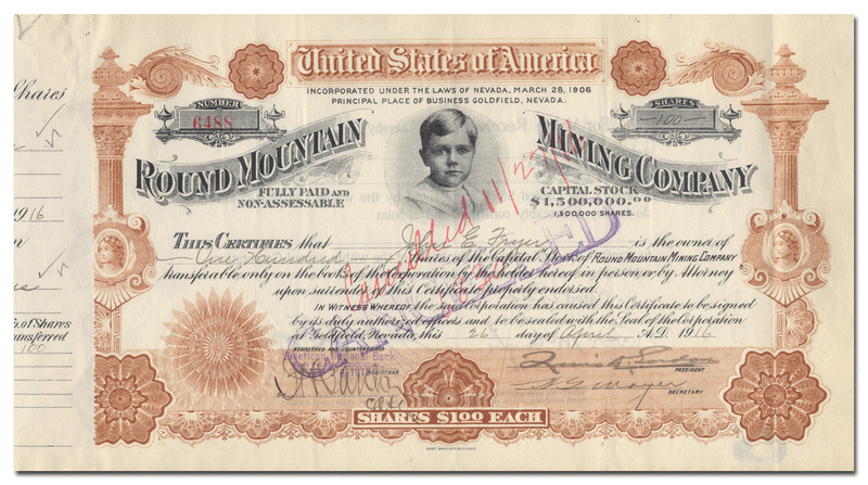 Round Mountain Mining Company Stock Certificate