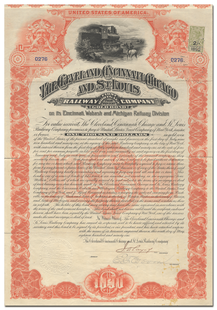 Cleveland, Cincinnati, Chicago and St. Louis Railway Company Bond Certificate