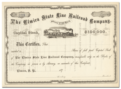 Elmira State Line Railroad Company Stock Certificate