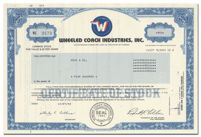 Wheeled Coach Industries, Inc. Stock Certificate