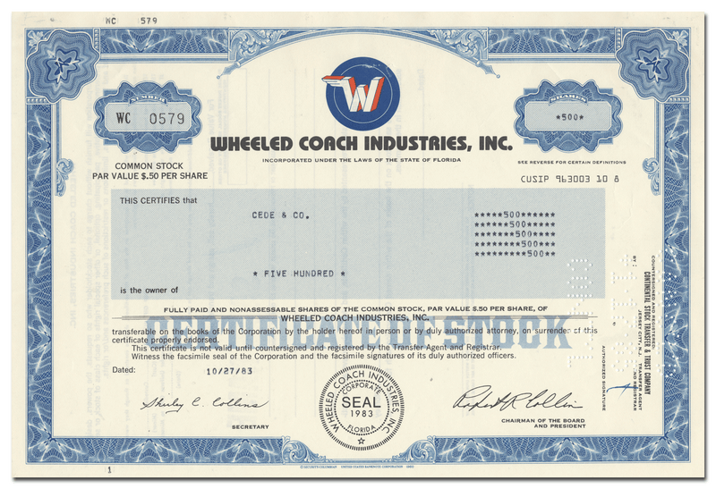 Wheeled Coach Industries, Inc. Stock Certificate