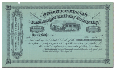 Pittsburgh & West End Passenger Railway Company Stock Certificate