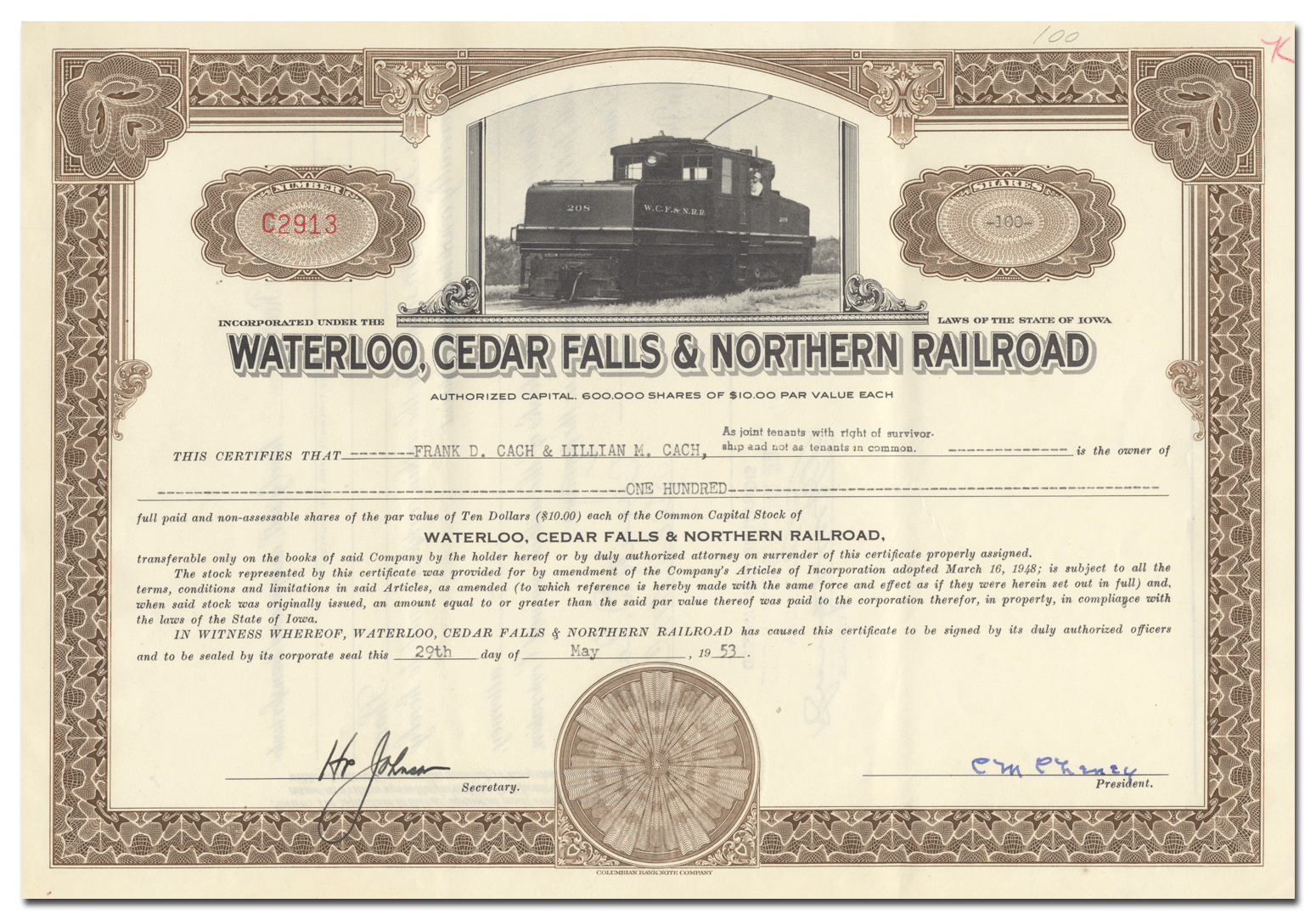 Waterloo, Cedar Falls & Northern Railroad Stock Certificate Ghosts of