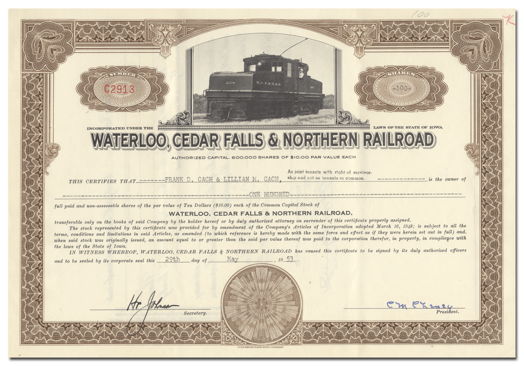 Waterloo, Cedar Falls & Northern Railroad Stock Certificate