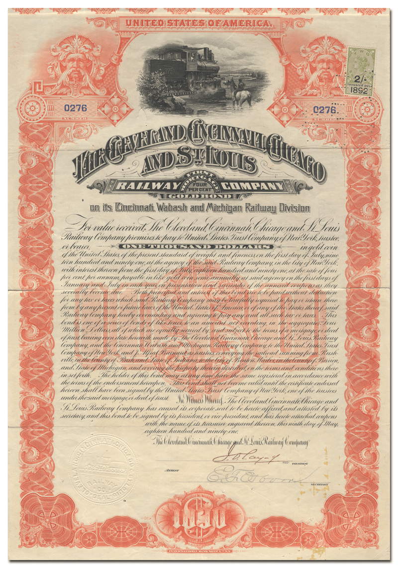 Cleveland, Cincinnati, Chicago and St. Louis Railway Company Bond Certificate
