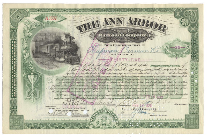 Ann Arbor Railroad Company Stock Certificate