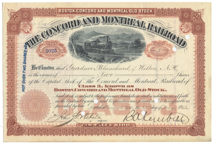 Concord and Montreal Railroad Stock Certificate