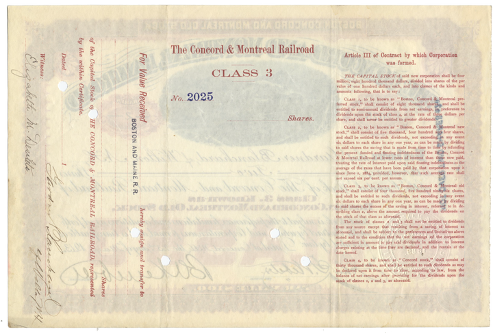 Concord and Montreal Railroad Stock Certificate