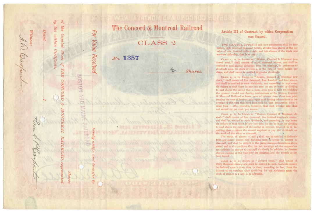 Concord and Montreal Railroad Stock Certificate