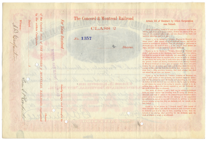 Concord and Montreal Railroad Stock Certificate