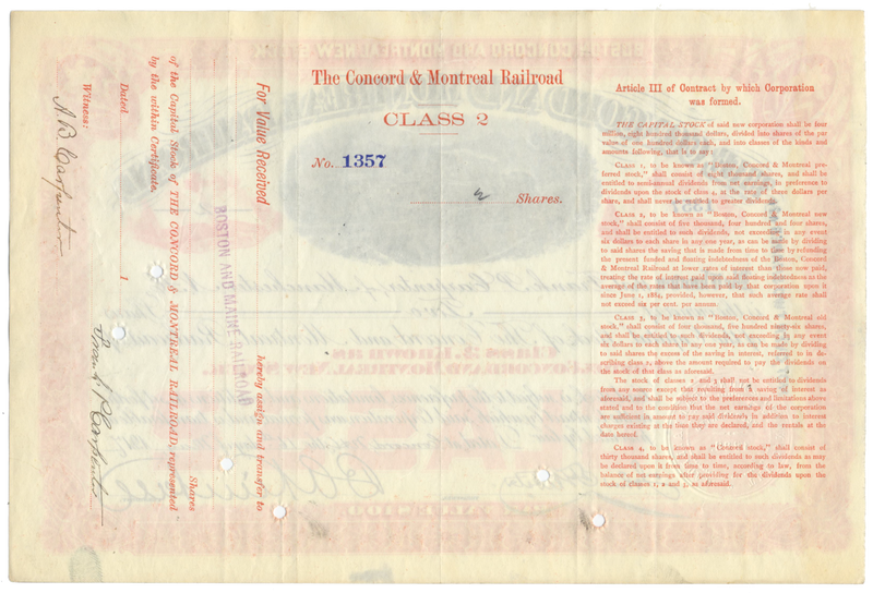 Concord and Montreal Railroad Stock Certificate