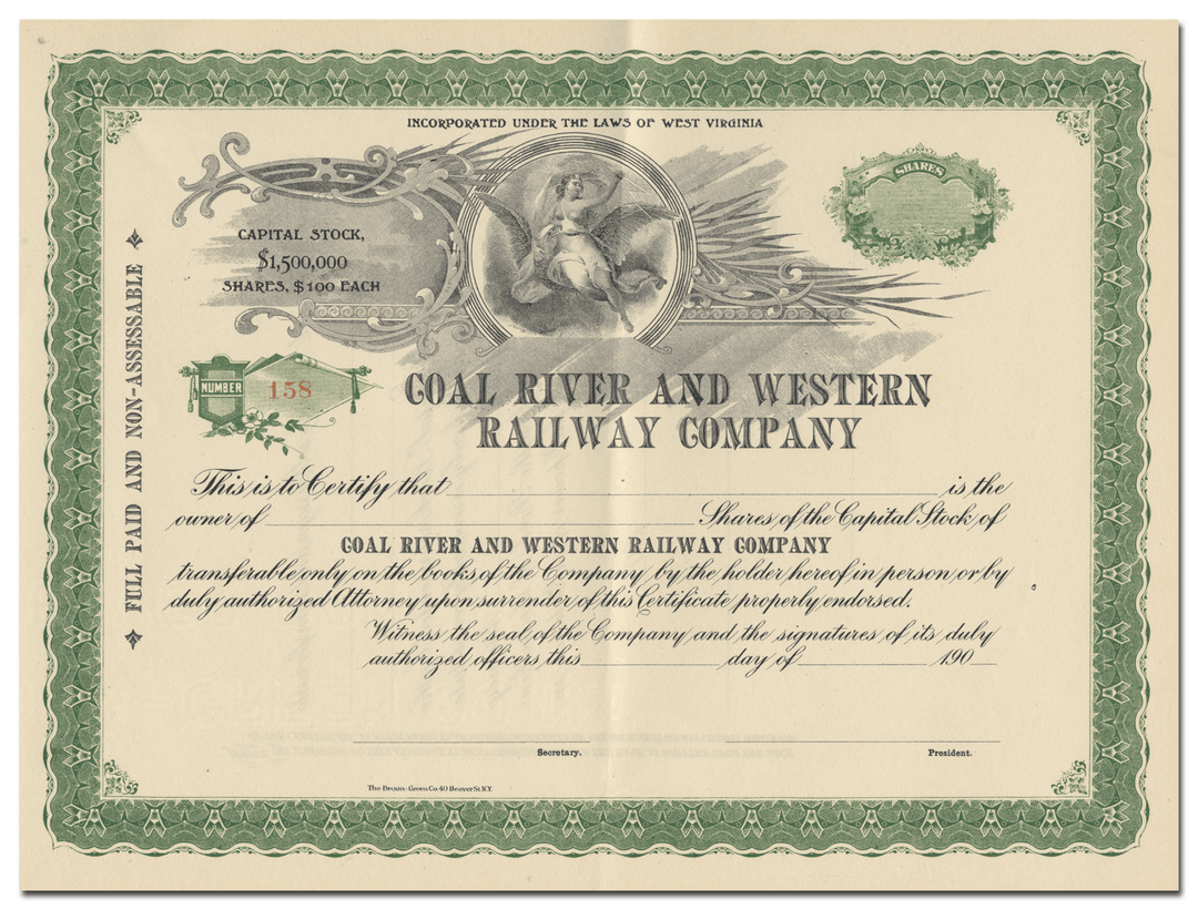 Coal River and Western Railway Company Stock Certificate