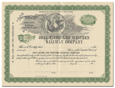 Coal River and Western Railway Company Stock Certificate