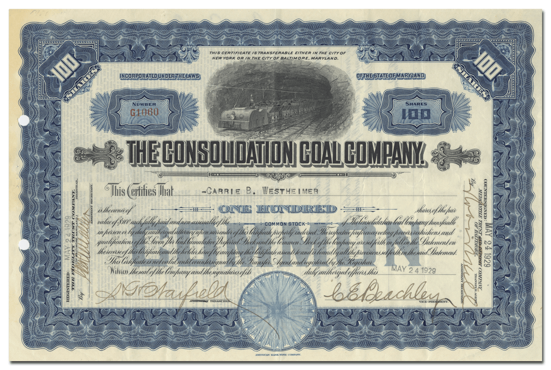 Consolidation Coal Company Stock Certificate