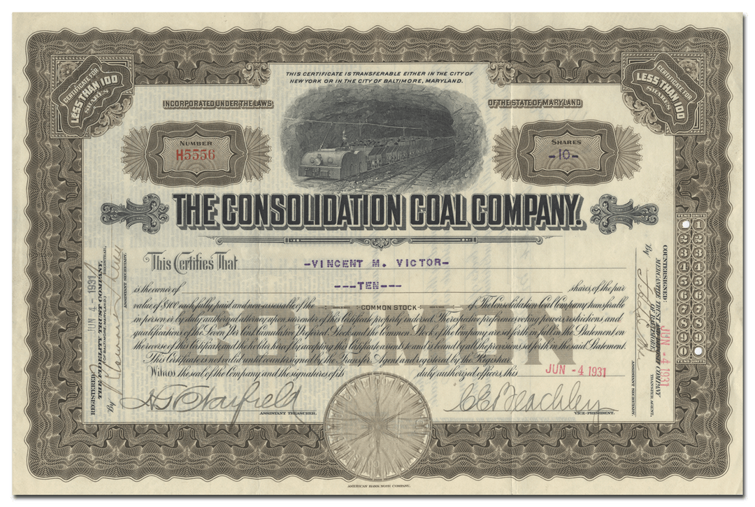 Consolidation Coal Company Stock Certificate