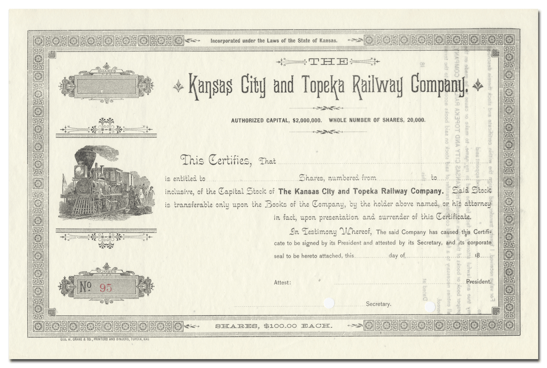 Kansas City and Topeka Railway Company Stock Certificate