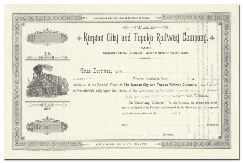 Kansas City and Topeka Railway Company Stock Certificate