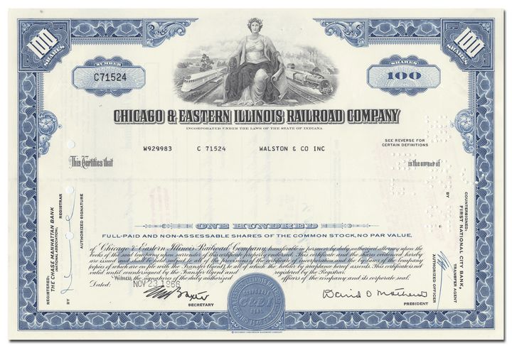 Chicago and Eastern Illinois Railroad Company Stock Certificate