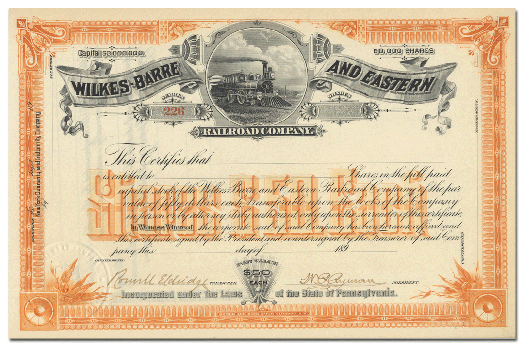 Wilkes - Barre and Eastern Railroad Company Stock Certificate