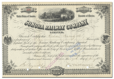 Sonora Railway Company Limited Stock Certificate