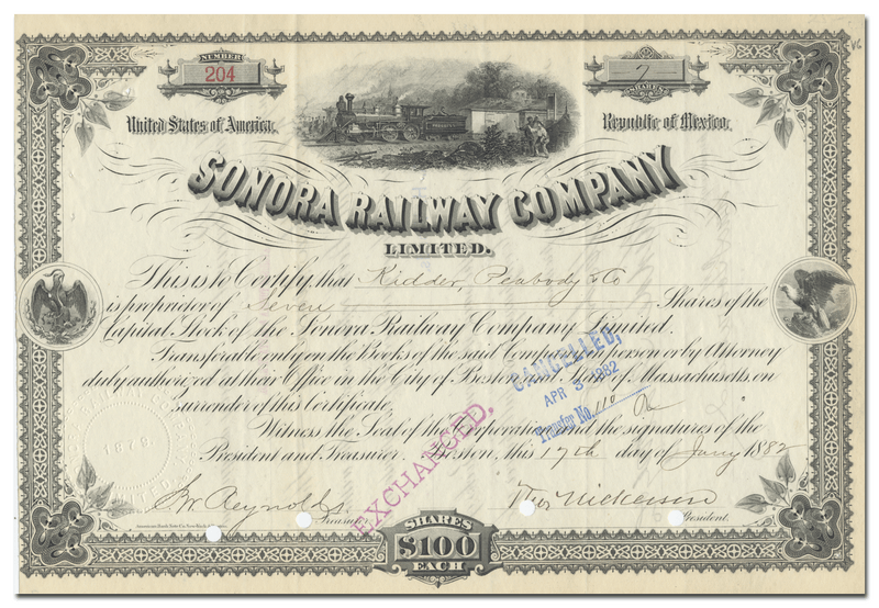 Sonora Railway Company Limited Stock Certificate