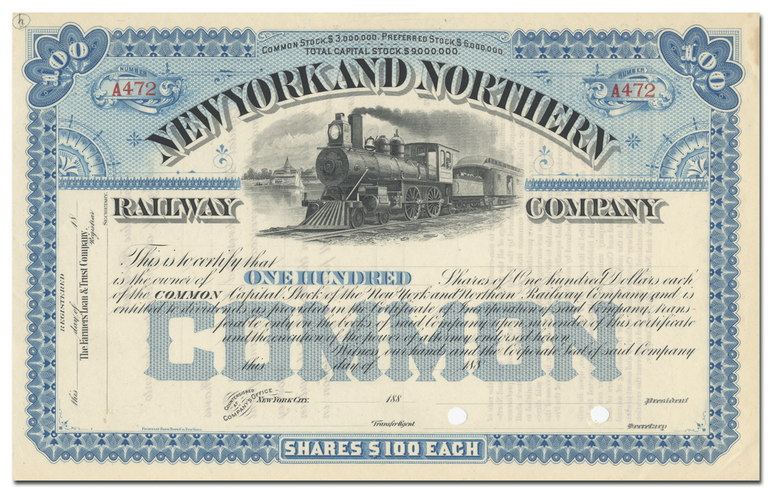 New York and Northern Railway Company Stock Certificate