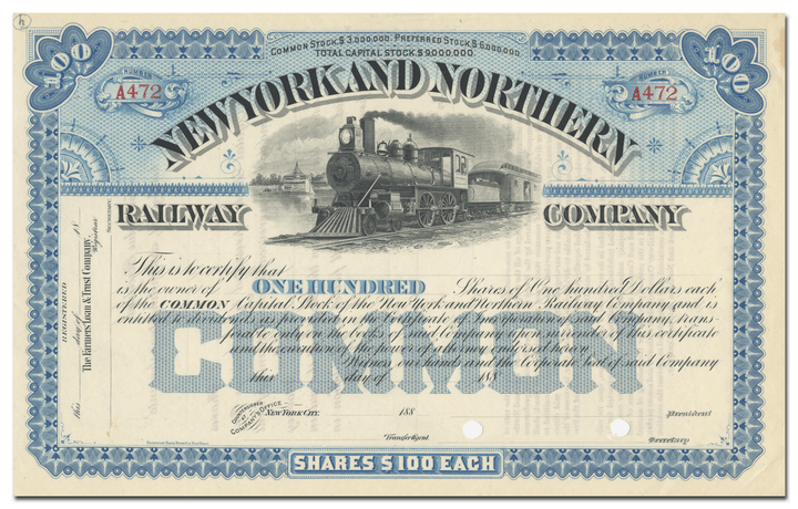 New York and Northern Railway Company Stock Certificate