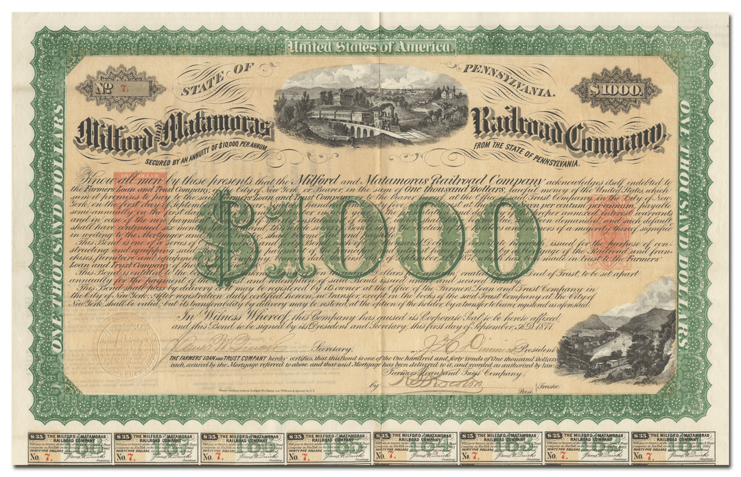 Milford and Matamoras Railroad Company Bond Certificate