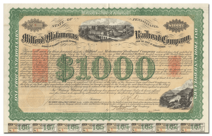 Milford and Matamoras Railroad Company Bond Certificate