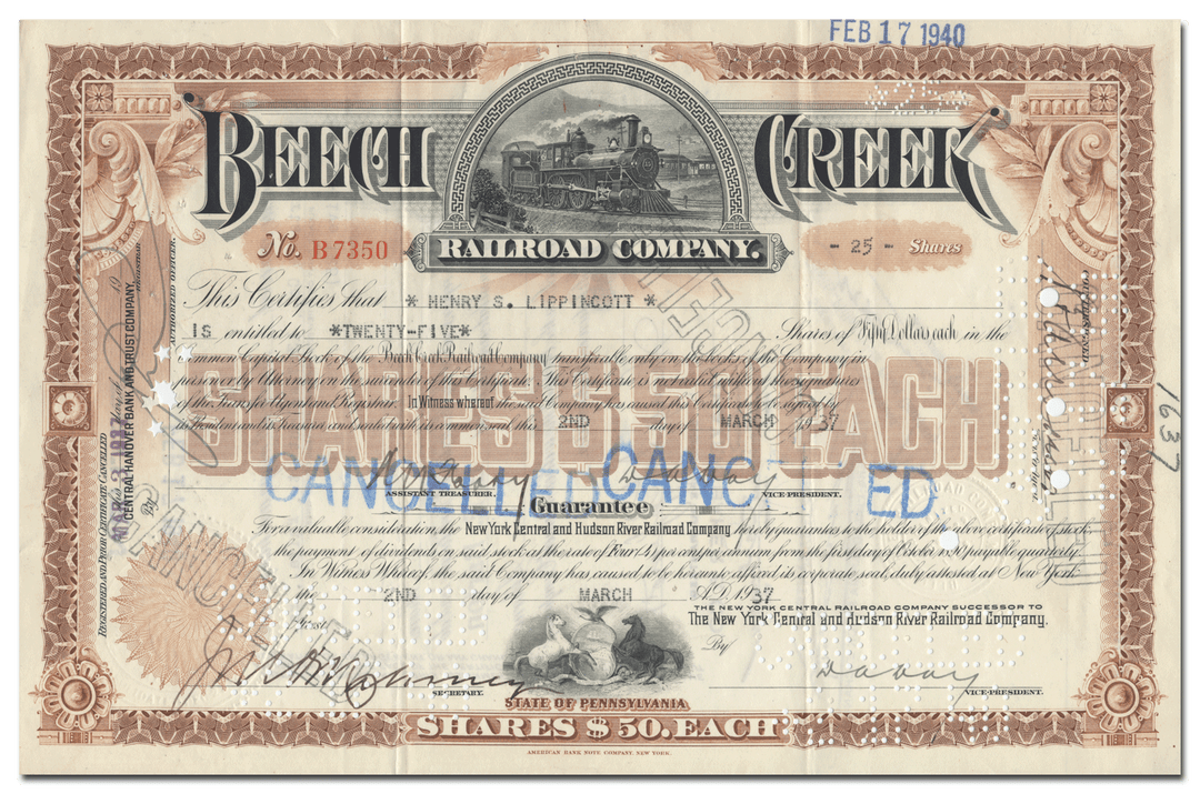 Beech Creek Railroad Company Stock Certificate