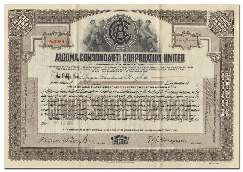 Algoma Consolidated Corporation Limited Stock Certificate from 1931