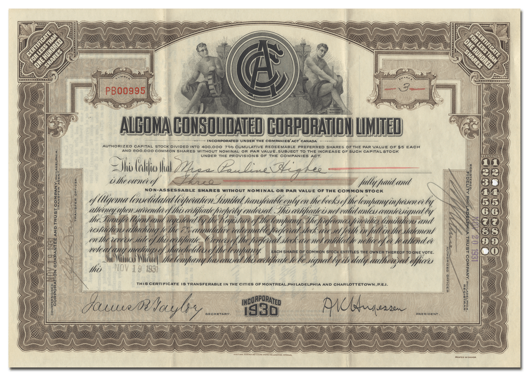 Algoma Consolidated Corporation Limited Stock Certificate