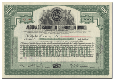 Algoma Consolidated Corporation Limited Stock Certificate