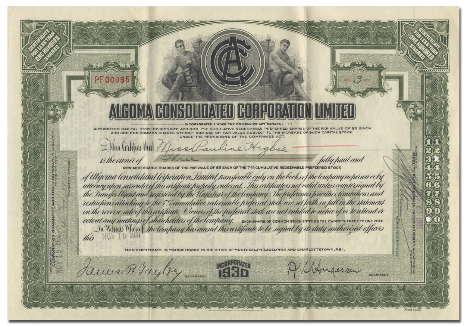 Algoma Consolidated Corporation Limited Stock Certificate from 1931