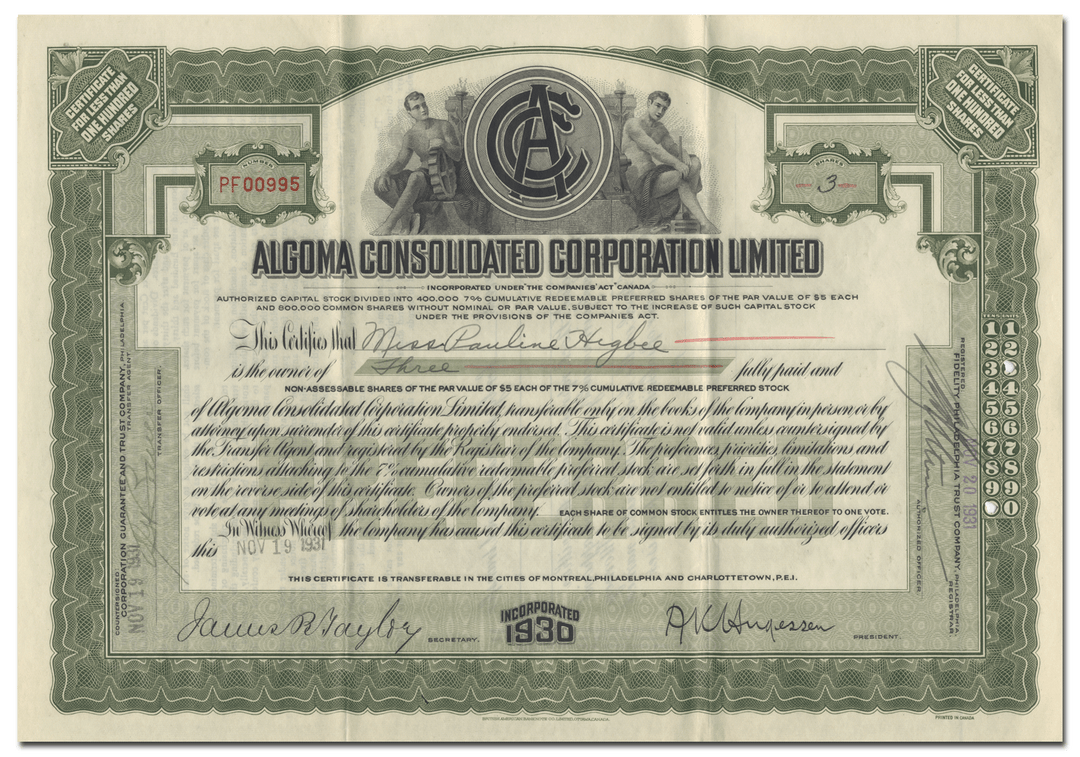 Algoma Consolidated Corporation Limited Stock Certificate