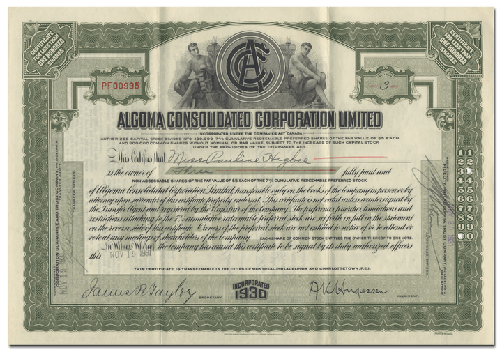 Algoma Consolidated Corporation Limited Stock Certificate