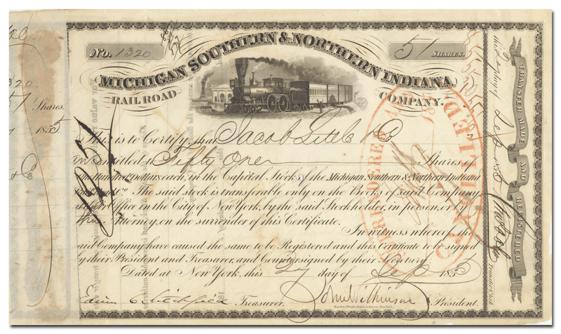Michigan Southern & Northern Indiana Rail Road Company Stock Certificate