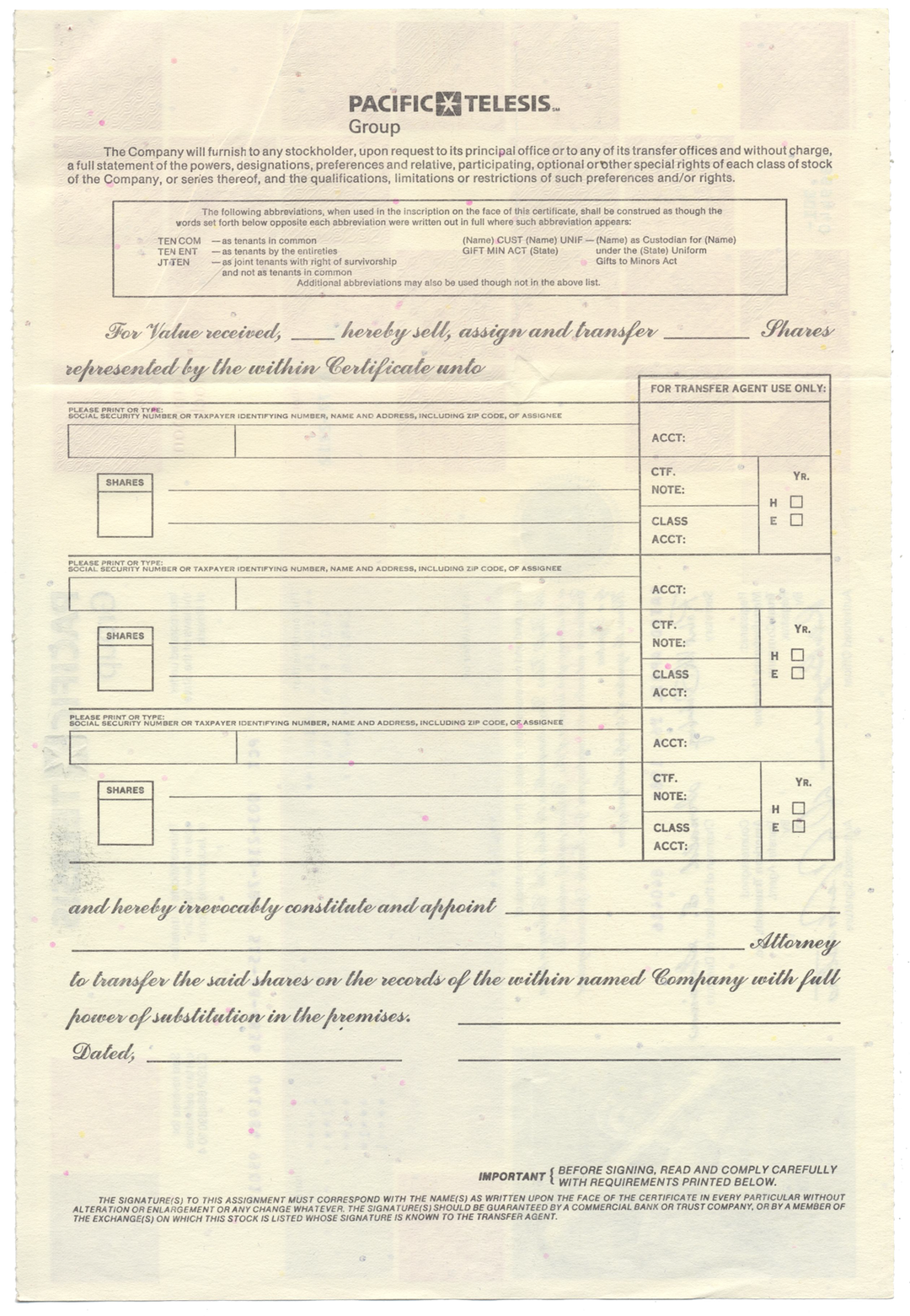 Pacific Telesis Group Stock Certificate