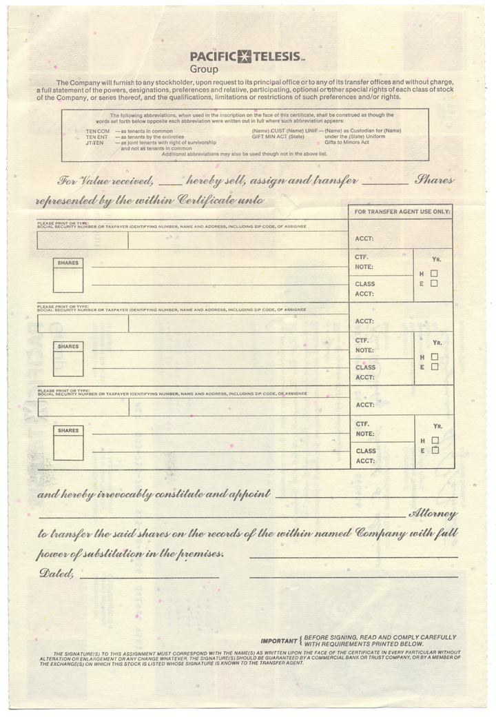 Pacific Telesis Group Stock Certificate