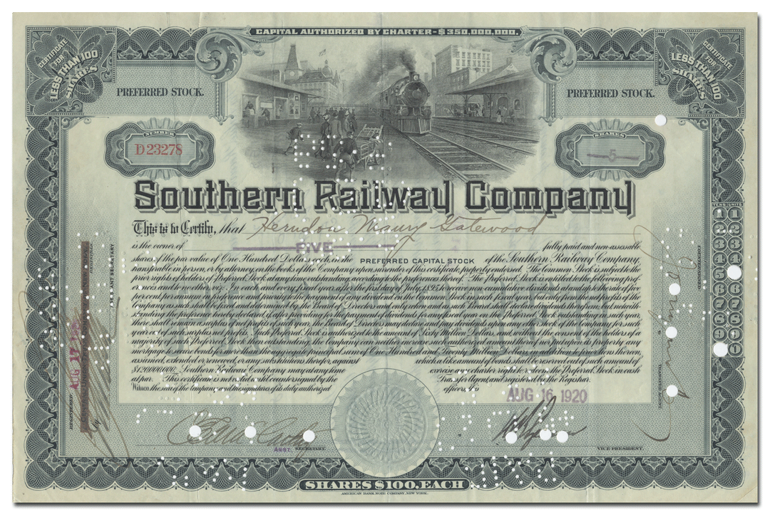 Southern Railway Company Stock Certificate