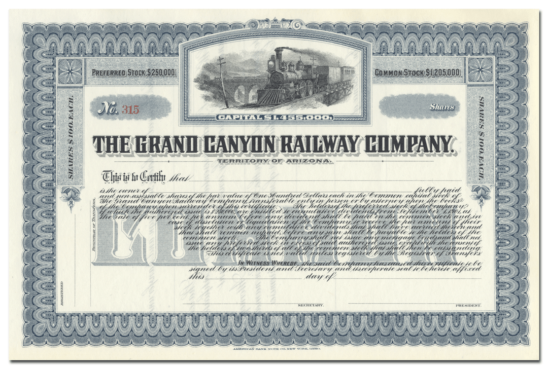 Grand Canyon Railway Company Stock Certificate