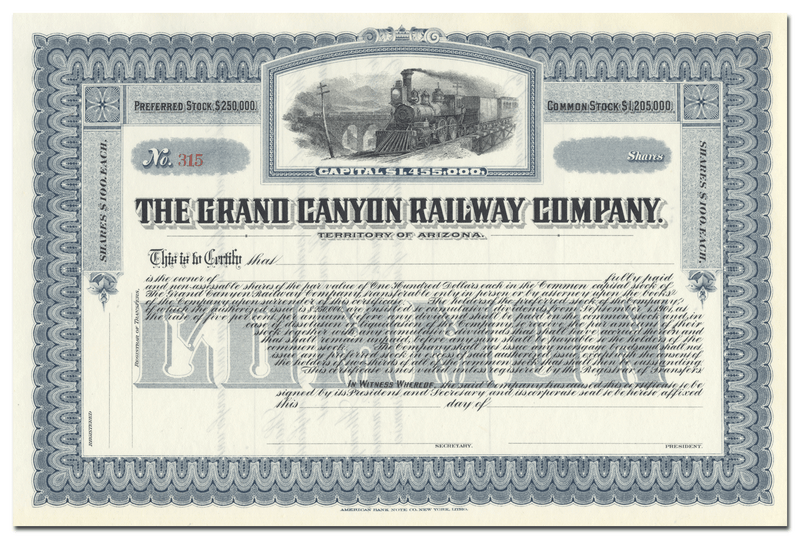 Grand Canyon Railway Company Stock Certificate