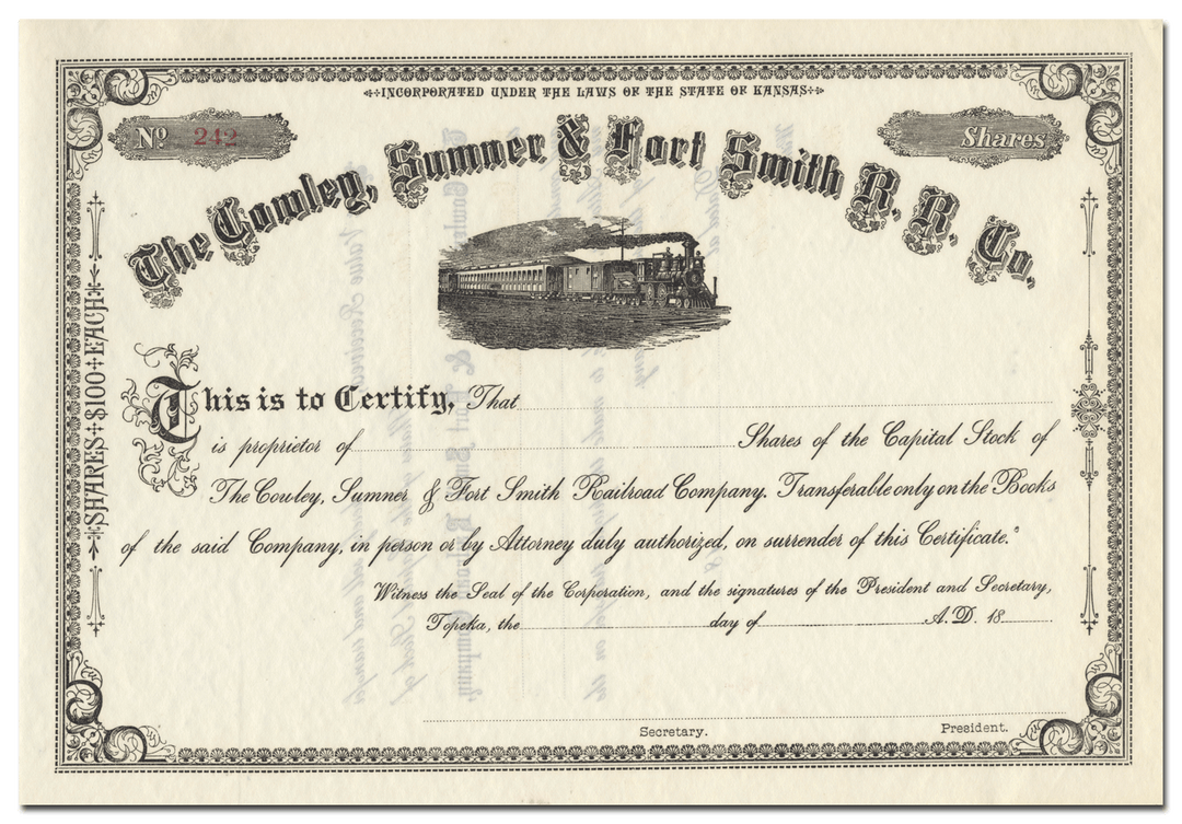 Cowley, Sumner & Fort Smith Railroad Company Stock Certificate