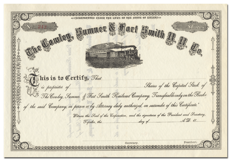 Cowley, Sumner & Fort Smith Railroad Company Stock Certificate