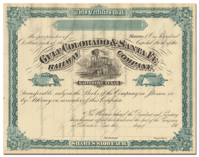 Gulf Colorado & Santa Fe Railway Company Stock Certificate