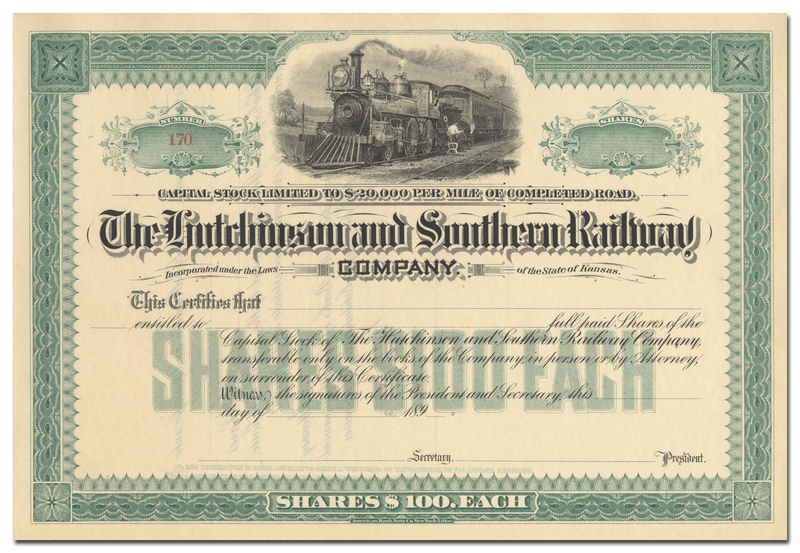 Hutchinson and Southern Railway Company Stock Certificate