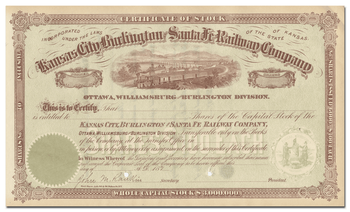 Kansas City, Burlington and Santa Fe Railway Company Stock Certificate